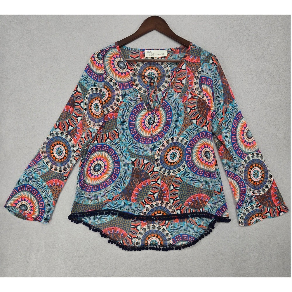 Vintage Havana MEDIUM Geometric Mandala Pom Pom Trim Sheer‎ Blouse Womens Boho